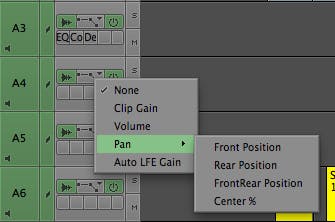 MC lets you keyframe four properties: Front left-right, Rear left-right, Front-Rear, and Center % (if you want a center panned clip to also bleed into L & R)